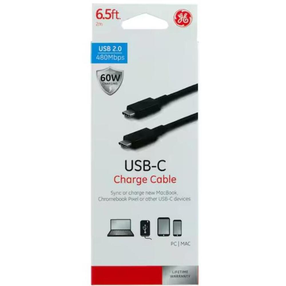 GE 6.5ft USB‑C to USB‑C Charging Cable – Reversible, 480Mbps Data Transfer, 2.0